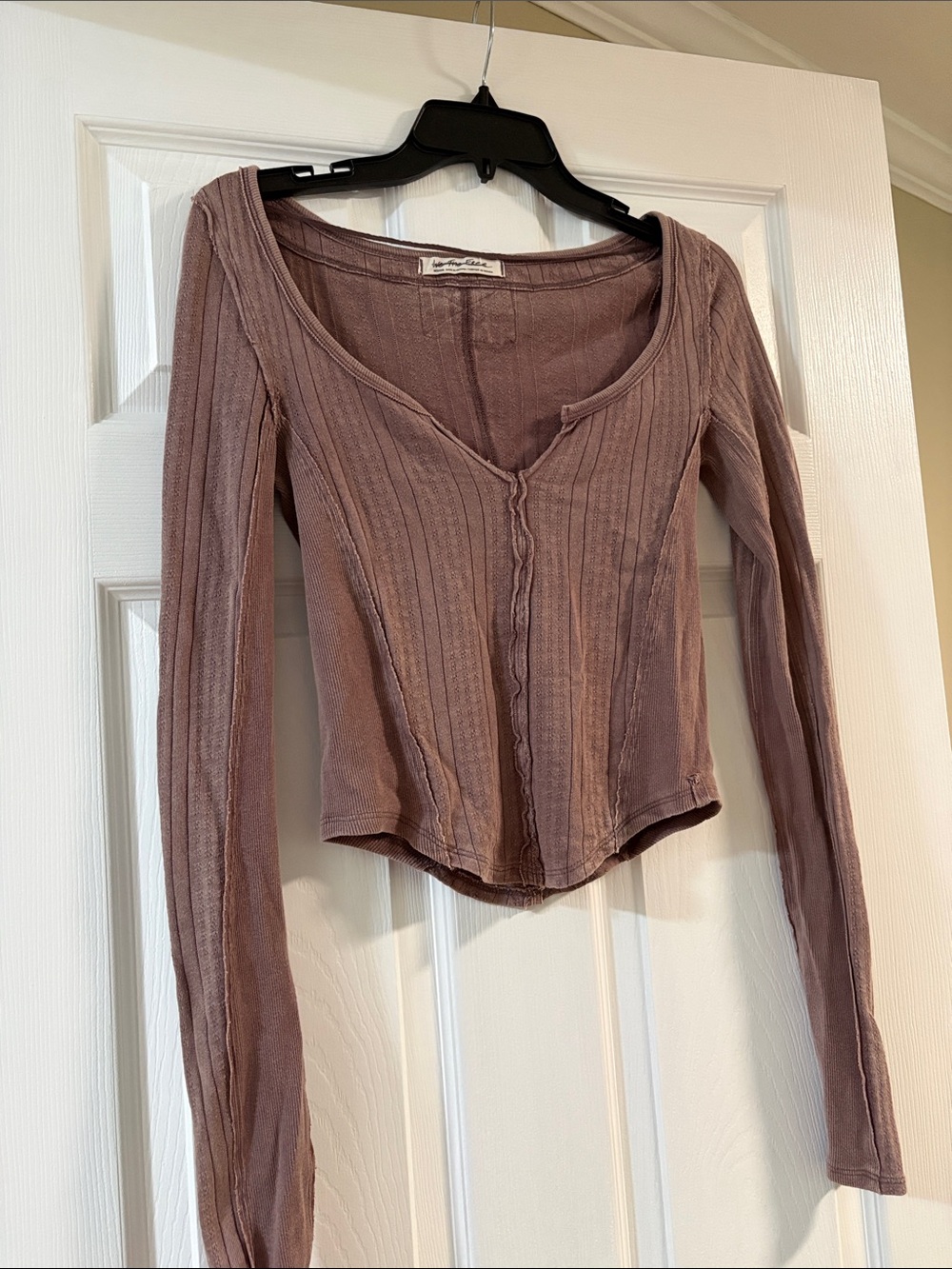 Free People Dusty Mauve Ribbed Long Sleeve V-Neck Top